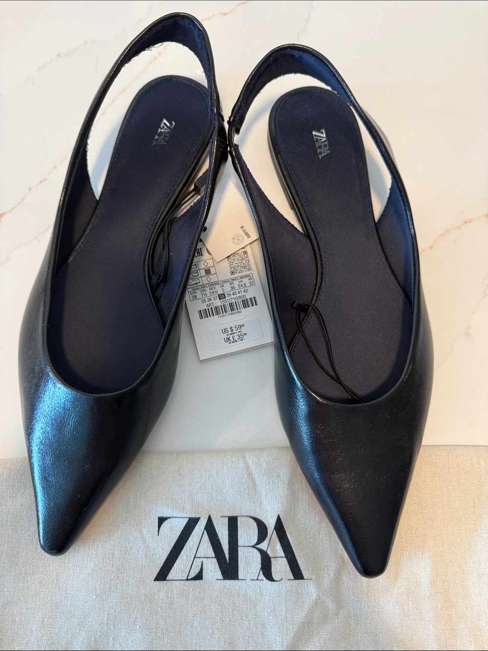 Zara Black Pointed Slingback Flats